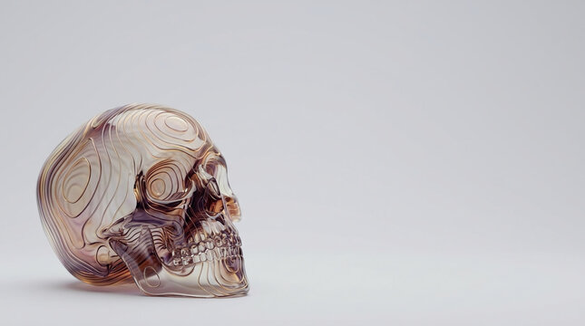 Artistic Transparent Glass Human Skull Featuring Unique Topographic Layered Textures on a Minimalist White Halloween Background for Spooky Design