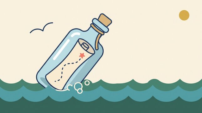 Message in a Bottle Floating on Ocean Waves Flat Vector Illustration   