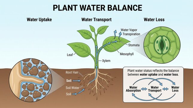 Plant Water Balance Infographic Showing Water Uptake, Transport, and Transpiration Process in a Botanical Educational Vector Illustration