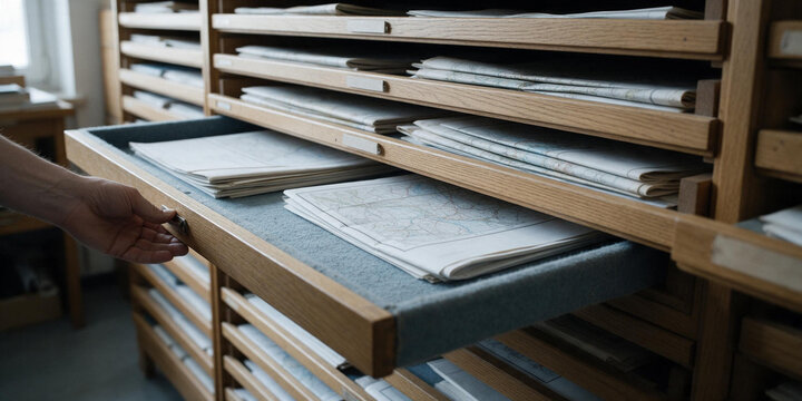 Person opening wooden drawer in archive with vintage map documents. Fact checking cartography and historical records in library flat file cabinet