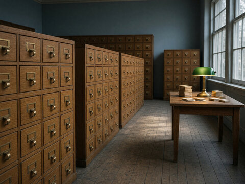 Vintage card catalog cabinets in an old library archive. Wooden index drawer file system with banker lamp on desk. Information search and historical research concept
