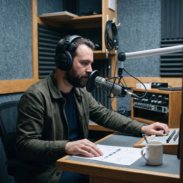 Radio presenter speaking into microphone while checking notes in soundproof broadcast studio. Audio journalist verifying information at mixing console