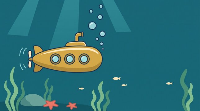 Yellow Submarine Underwater Vector Illustration with Sea Life and Rays