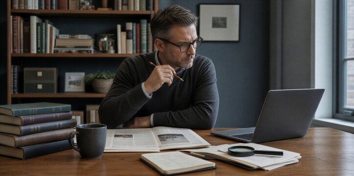Focused man fact-checking sources on laptop. Researcher cross-referencing newspaper with digital data in library