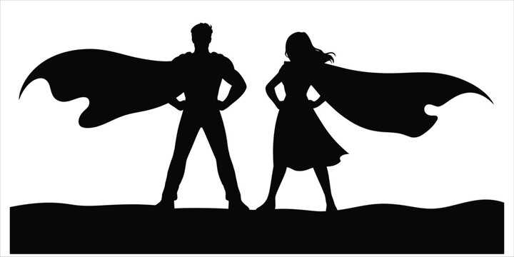 Silhouette of a male and female superhero couple standing together with capes flowing in the wind on a horizon line, isolated on white background