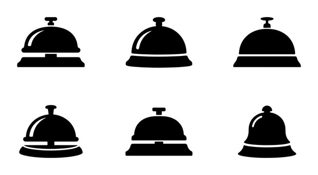 Hotel bell icons set with reception desk bell, service bell and call button for signage, app and web