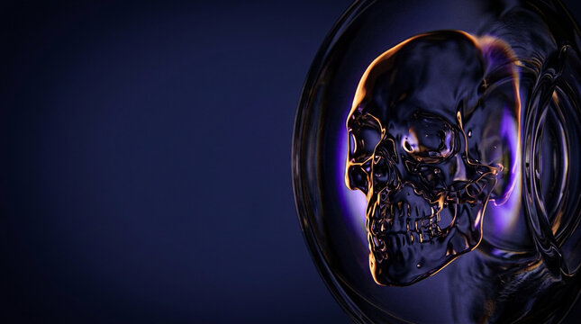 Abstract Halloween Background Featuring a Dark Metallic Liquid Skull Encased in a Sphere with Moody Neon Purple and Orange Light Glow.