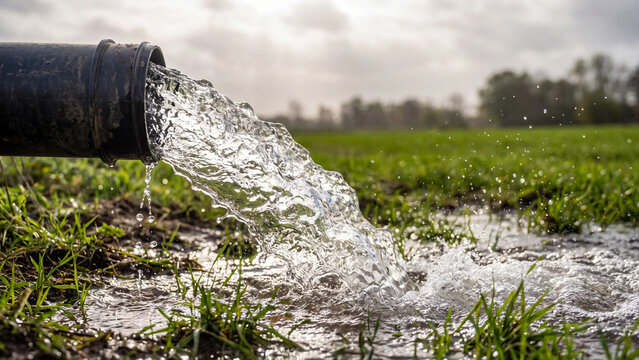 Heavy water gushes from black plastic drainage pipe onto vibrant green grass and muddy soil during daylight