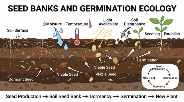 Seed Bank and Germination Ecology Infographic Showing Plant Growth Cycle in Soil Layers Vector Illustration