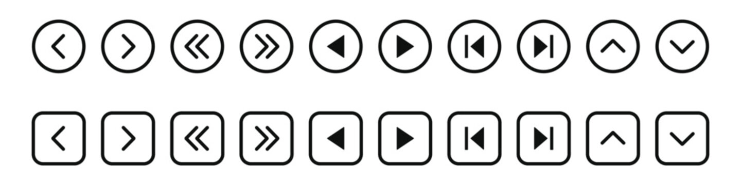 Vector navigation arrow icon set featuring circle and rounded square button elements for digital user interface designs