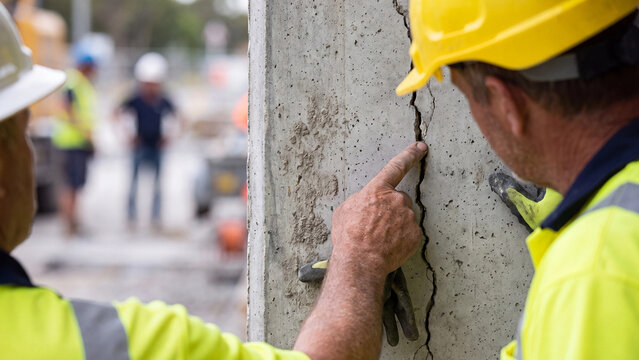 Construction workers inspect structural damage pointing at dangerous crack in concrete pillar at urban building site