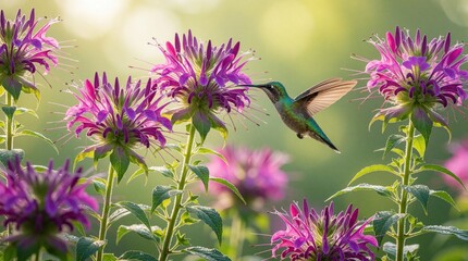 Obraz premium Small hummingbird flies near bright purple bee balm flowers in garden. Tiny bird feeds on nectar from blooming flora. Summer wildlife scene with colorful petals, green leaves under soft natural light