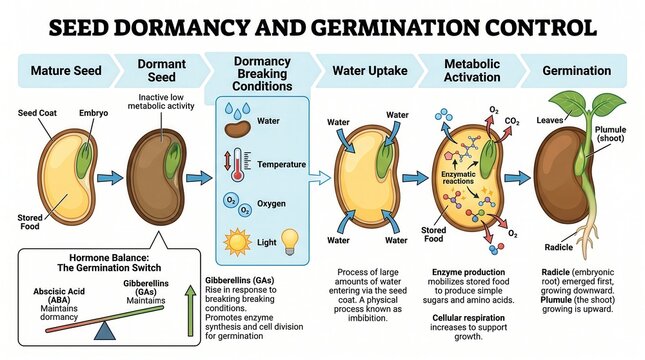Seed Germination Process Infographic Showing Biological Stages of Plant Growth from Dormancy to Development in Educational Vector Illustration