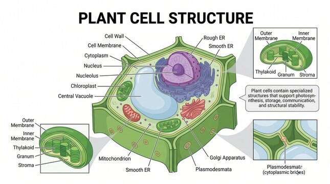 Plant Cell Structure Diagram Illustrating Organelles and Cellular Components for Biological Education and Scientific Research Infographic
