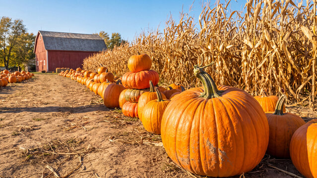 Vibrant orange pumpkins stacked neatly in a long winding row during bright autumn harvest daylight