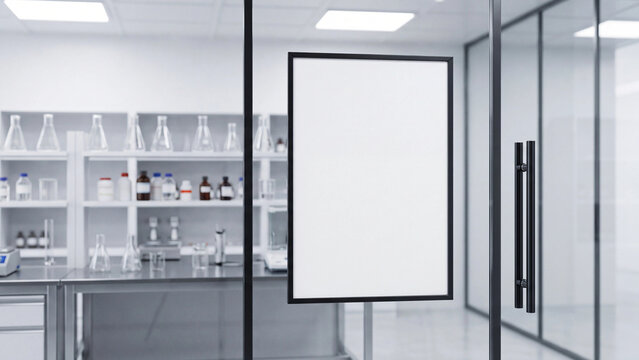 Blank vertical black frame mockup mounted on clean glass door inside modern medical science laboratory