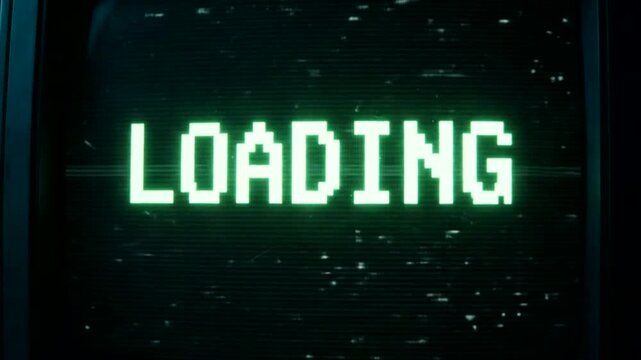 Retro computer monitor with green pixel loading text in dark room