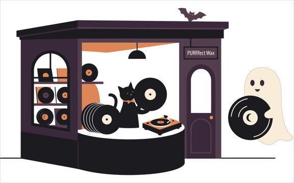 Record store illustration with cat ghost and vinyl records in a flat vector style