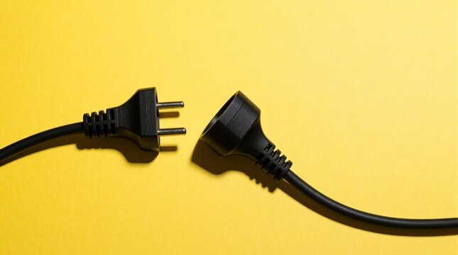 Black electrical plug, socket disconnected on bright yellow background. Power cable lies apart creating gap between male, female connectors. Concept of energy shortage, electrical failure, broken