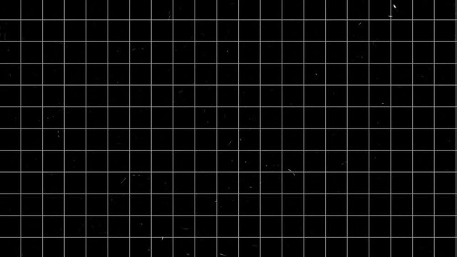 Black geometric grid background with fine gray lines and subtle dust scratches creating a minimal technical texture for motion graphics
