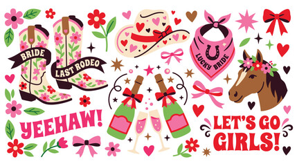 Fototapeta premium Country western bridal shower stickers with cowboy boots hat horse and rodeo text elements.