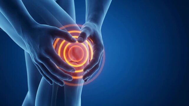 Medical illustration of a human knee joint being held by hands in a blue x-ray style animation