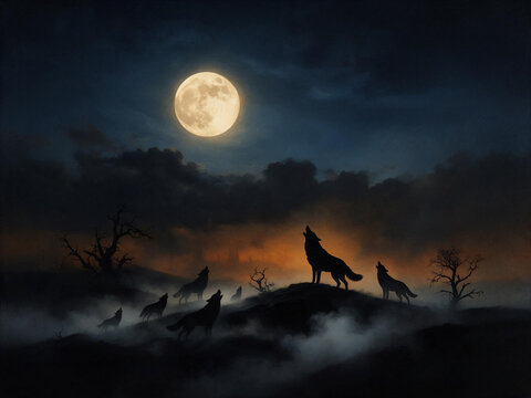 Silhouettes of a wolf pack howling at the full moon on a misty hill. Dramatic night landscape with dead trees and fog. Cinematic dark fantasy wilderness