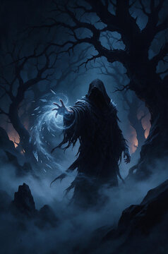 Dark hooded figure casting a glowing blue magic spell in a misty forest. Cinematic dark fantasy concept with a mysterious sorcerer or necromancer. Vertical illustration of a supernatural wraith