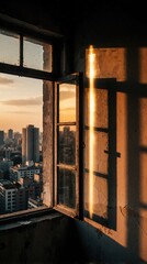 Obraz premium Open wooden window shows urban cityscape during golden hour. Warm sunset light creates long shadows on old wall inside room. Evening sun shines through glass panes overlooking tall buildings,