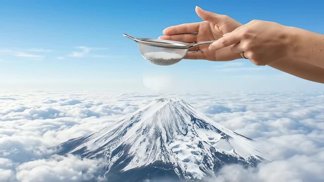 Hands Sifting Powder Over Snow-Capped Mountain Peak