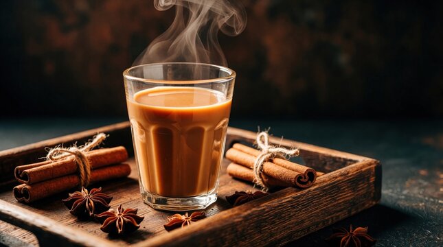 Hot masala chai served in small glass on wooden tray. Steaming milk tea with cinnamon sticks, star anise spices. Traditional Indian tea drink with aromatic herbs on rustic table in dark moody cafe