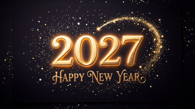 Glowing golden numbers twenty twenty seven for happy new year celebration featuring magical sparkles and stars