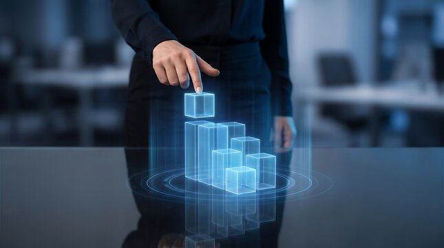 Business professional pointing at a glowing digital bar chart hologram on a dark reflective surface representing data visualization and business analytics in a modern office
