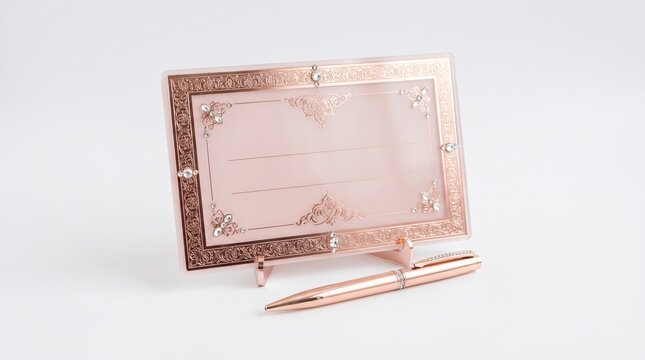 Rose gold nikah signing card set with transparent acrylic design, frame and matching accessories, isolated on white background for Muslim wedding events, invitations and keepsakes.