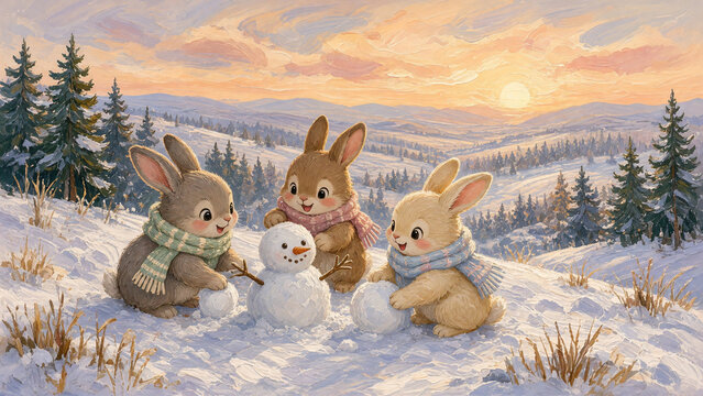 Cute bunnies building a snowman in winter landscape at sunset. Three baby rabbits wearing scarves playing in snow for children storybook illustration