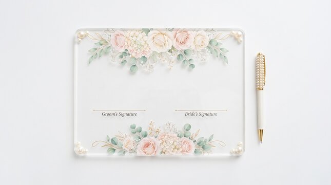 Transparent floral nikah signing stationery with delicate botanical border and elegant pastel details, isolated on a clean white background for Muslim wedding ceremonies, invitations, decor and keepsa