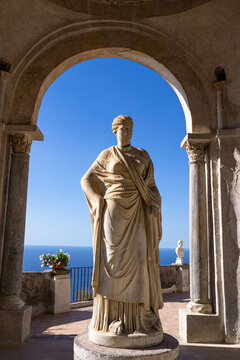 Terrace of Infinity, a beautiful belvedere with marble busts inside the iconic Villa Cimbrone, historic villa in Ravello, on the Amalfi Coast