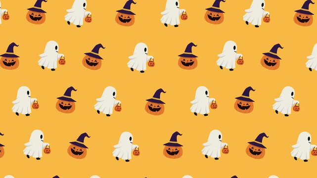 Halloween seamless pattern background with ghosts and witch hat pumpkins falling motion loop