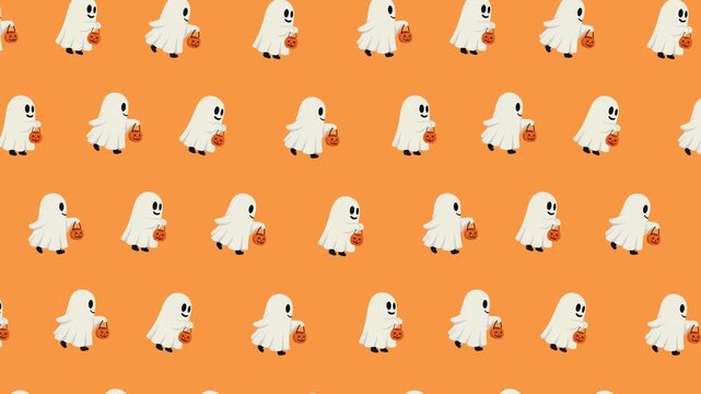 Halloween seamless pattern background with cute ghosts holding pumpkin buckets falling motion loop