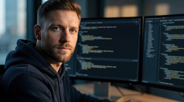 Focused male programmer works on complex software code in modern office. Young developer uses dual monitors setup for web development tasks. Man with beard stares at screen writing digital
