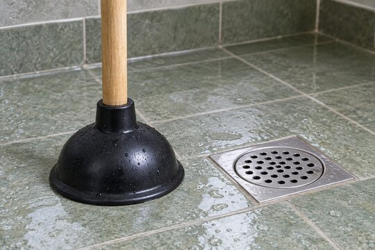 Rubber plunger beside a floor drain on wet green tiles