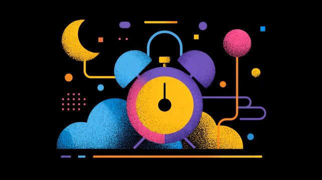 Surreal pop art illustration of an alarm clock with moon and space elements using colorful stippled flat design texture