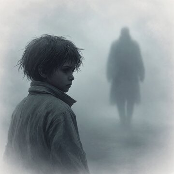 Sad Boy Standing in Fog with Mysterious Figure Silhouette