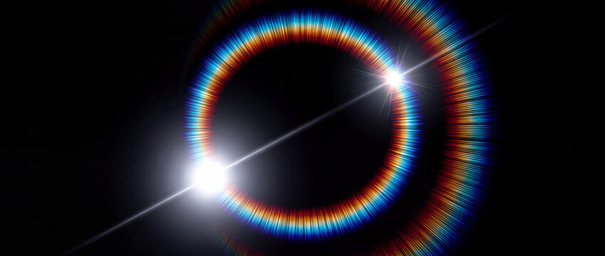 Lens flare with chromatic aberration ring glowing on a deep black background, featuring bright circular rainbow prism diffraction for sci-fi overlays and creative banner design