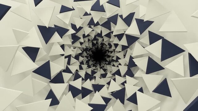 Abstract 3D tunnel of rotating blue and white triangles with motion effect