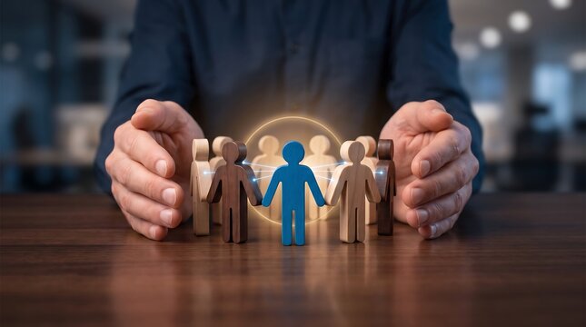 Professional hands cupping a diverse group of wooden human figures with a central blue figure and glowing light connections representing collaborative leadership and team unity