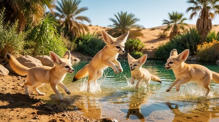 Fototapeta premium Group of small fennec foxes play in desert oasis water. Cute wild animals jump, splash in blue pond. Sandy dunes, palm trees surround small predators. Active wildlife enjoy refreshing moment in hot