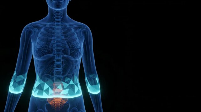 Medical video footage of a glowing orange human spine within a translucent blue female anatomical model on a black background.