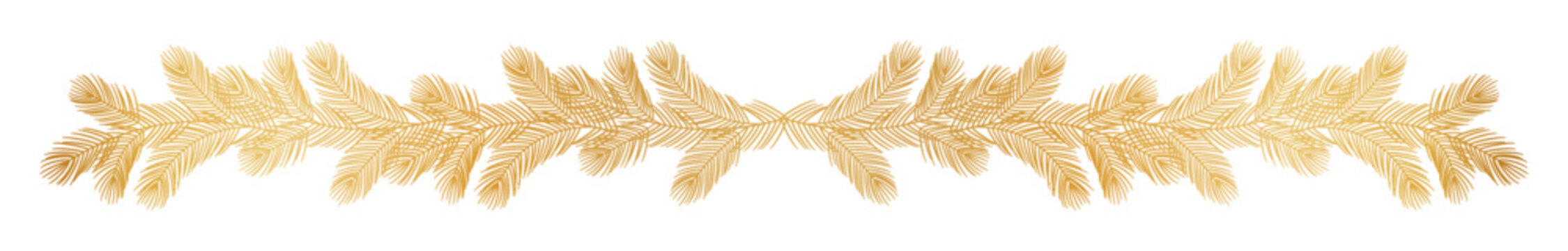Horizontal garland of golden pine branches arranged as a decorative divider, ideal for holiday greeting cards, festive invitations, or seasonal design layouts
