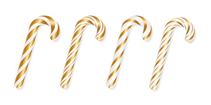 Four gold and white striped candy canes. Festive seasonal design for Christmas, holiday or winter celebration. Vector illustration